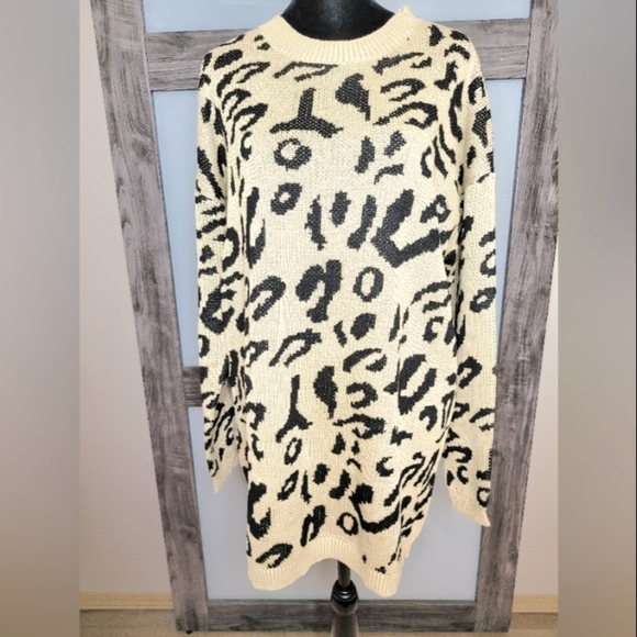 Women's Leopard Print Long Sleeve Sweater Dress- Light Brown/ Black - Picture 3 of 13